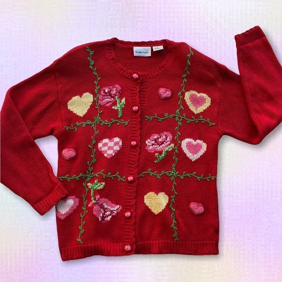 Vintage Alexandra Bartlett Knit Cardigan Sweater Red w/ Cute Hearts \u0026 Flowers XL