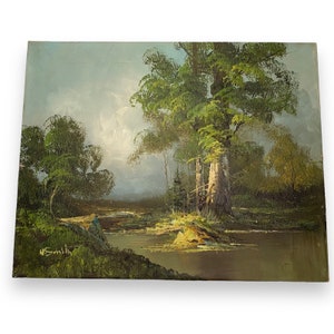 Vintage Original Oil Painting Signed W. Smith - Landscape Swamp Trees Canvas Art