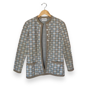 Vintage 60s Women&#39;s Butte Knit Argyle Pattern Blue/Beige Button Up Cardigan