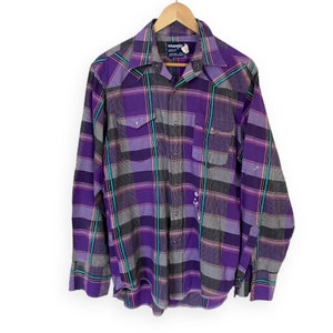 Vintage Wrangler Men's Purple Plaid Pearl Snap Button Up Long Sleeve Cowboy Cut Western Shirt 16-35 AS IS