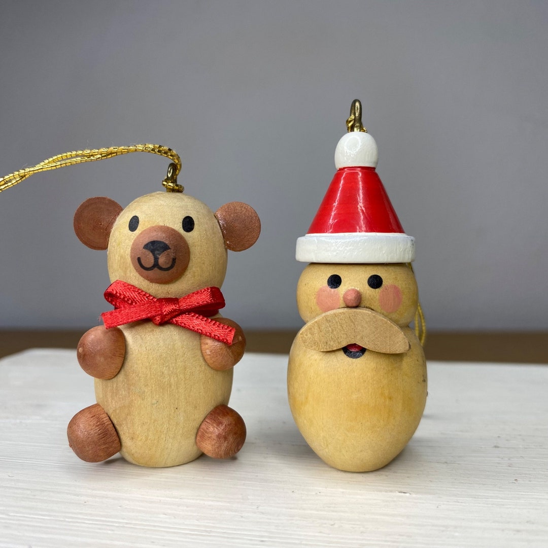 Vintage Hallmark Wooden Santa & Bear Christmas Ornament Bundle