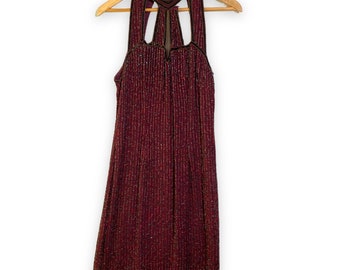 Vintage Sean Beaded Silk Cutout Halter Top Evening Cocktail Dress - Large