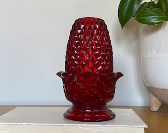 Vintage Brooke Crescent Glass Ruby Red Pineapple Diamond Point Fairy Lamp - Confederate Glass #350
