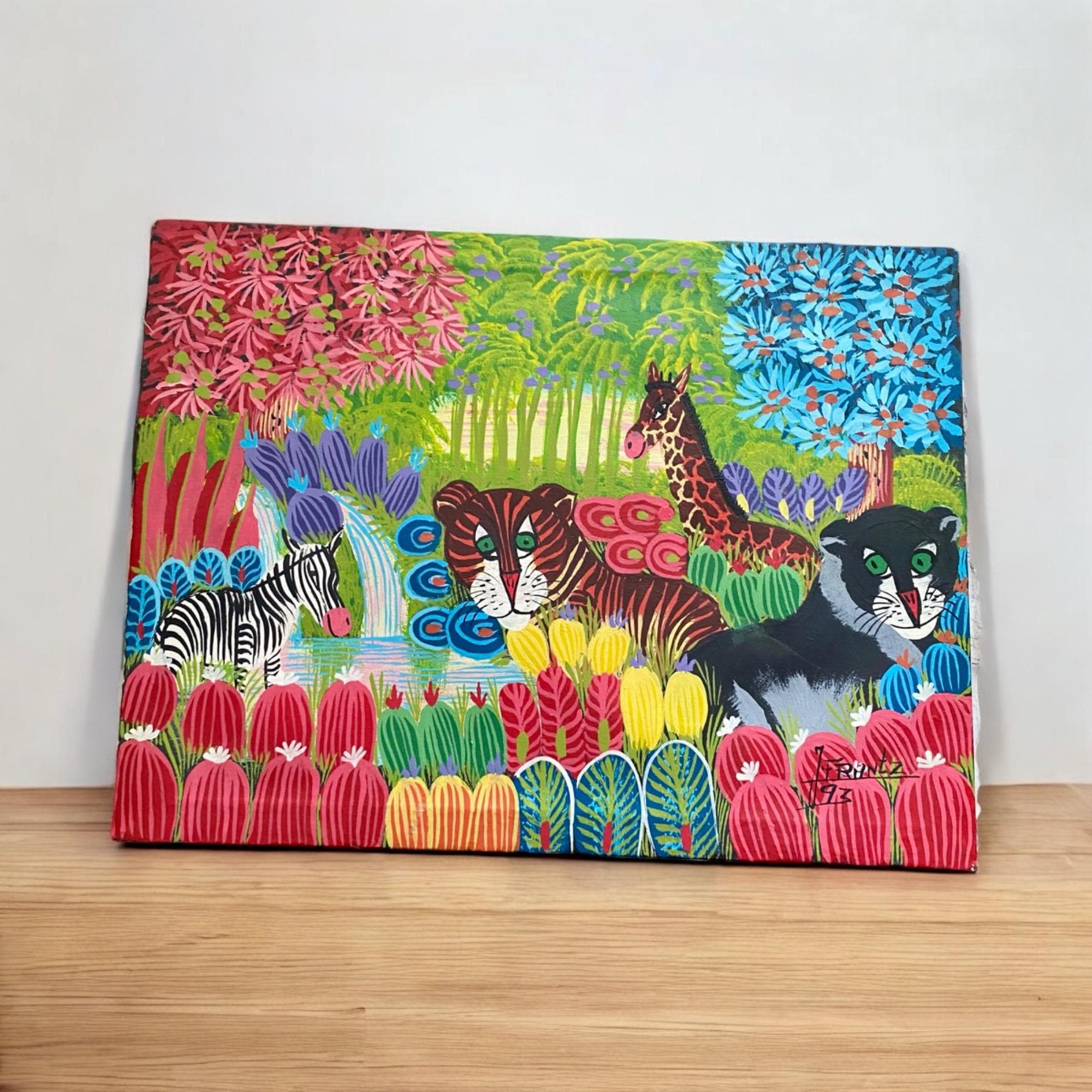 Vintage Original J Frantz Colorful Jangle Animal Scene Painting