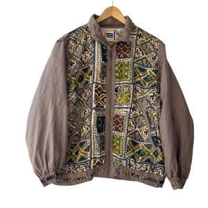 Vintage EVR Women's Silk Geometric Print Track Jacket/Vest Zip Off Sleeves - Bomber Windbreaker - Size Large