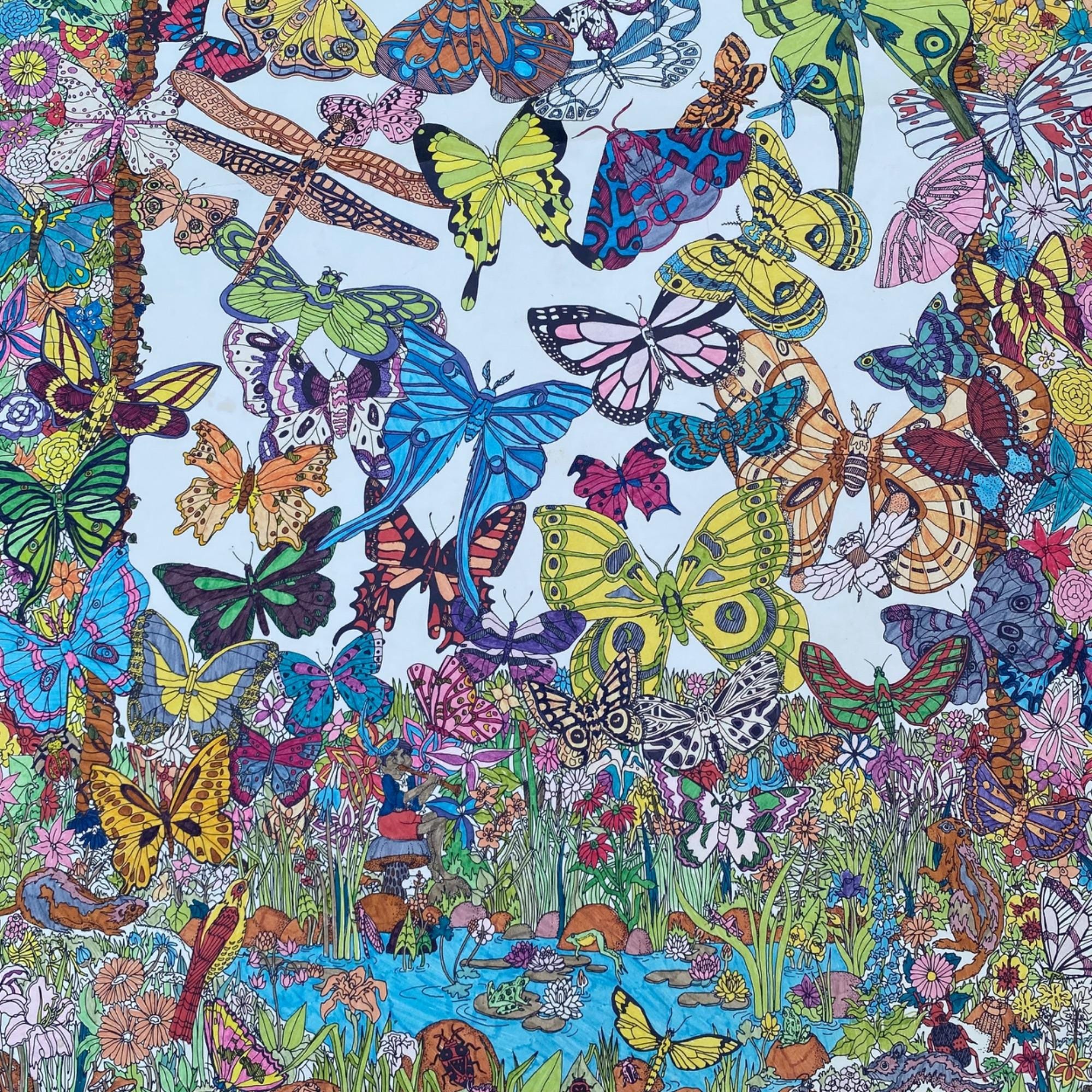 絵画 butterfly Vintage 70s Butterflies by Moira 1973 Doodle Art Poster Large