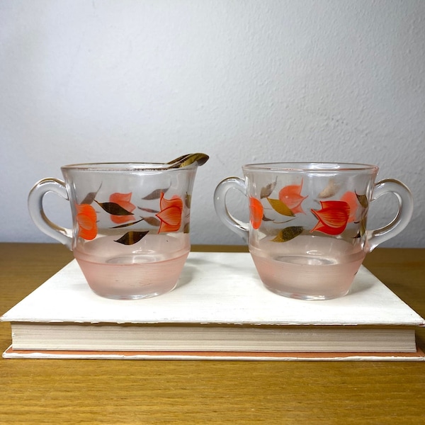 Vintage Bartlett-Collins Gay Fad Pink Tulips Hand Painted Glass Sugar Bowl & Creamer - 1950s Mid Century