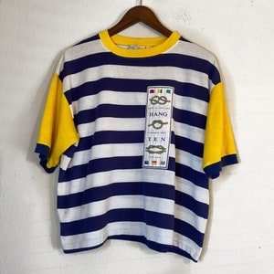ヴィンテージ ハングテン ストライプ ノット グラフィック T シャツ ブルー & イエロー 50/50 - スタイル 5245 - サイズ M