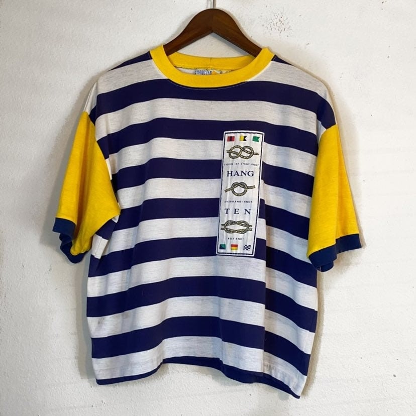 Vintage Hang Ten Striped Knot Graphic T-shirt Blue & Yellow 50/50
