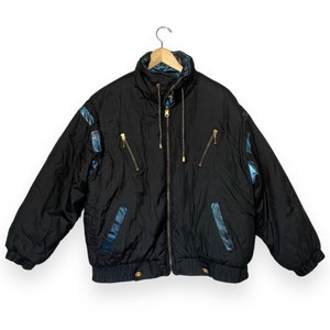 Vintage Retro Hot Spices Reversible Metallic Blue & Black Puffer Jacket - Large