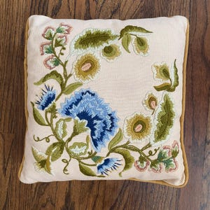 Vintage 70s Renaissance Floral Crewel Embroidered Jacobean Flowers Vine Pillow