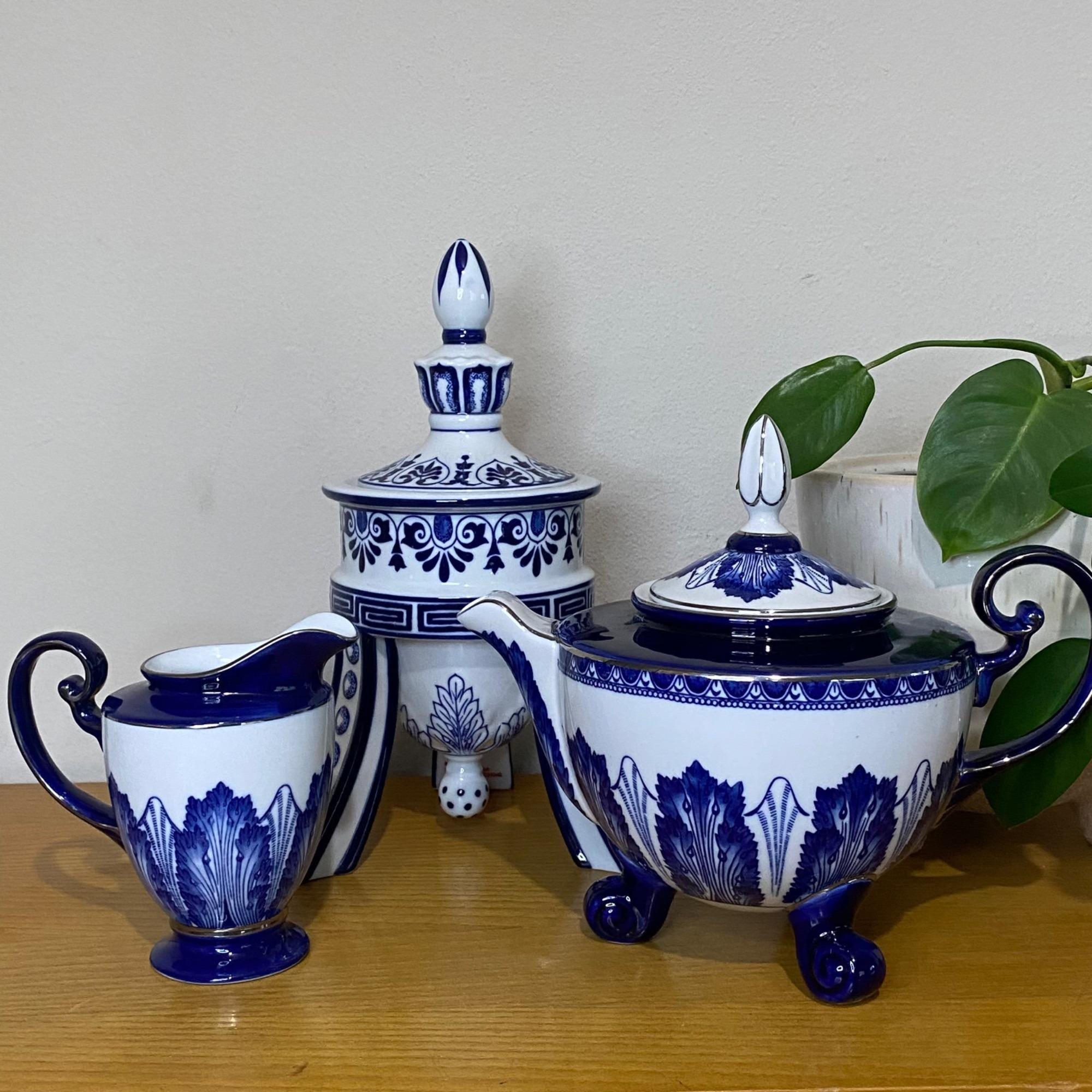 Vintage Bombay Co Blue White Porcelain Rosette Tea Pot, Creamer