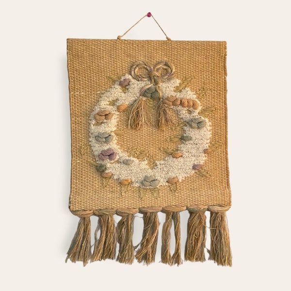 Vintage ICA Wreath Woven Tapestry Wall Hanging Fiber Art