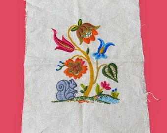 Vintage 70s Colorful Flowers & Squirrel Crewel Embroidery Art Linen Unframed