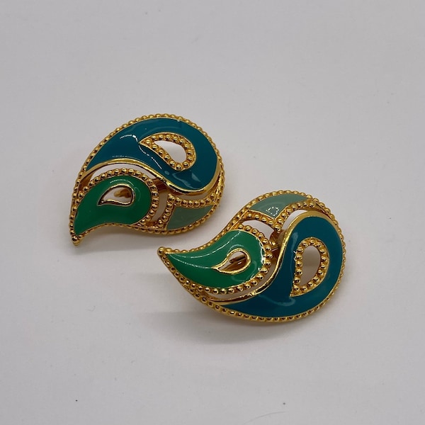 Vintage Avon Gold Boteh Clip On Earrings - Green/Blue Enamel Signed