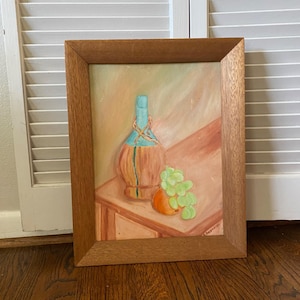Pintura original vintage de naturaleza muerta con vino y uvas, enmarcada, arte de mediados de siglo, firmada