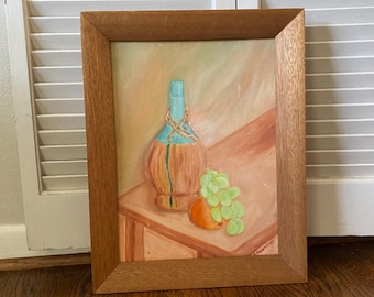 Vintage Original Painting Still Life Wine & Grapes Framed Mid Century Art Signed