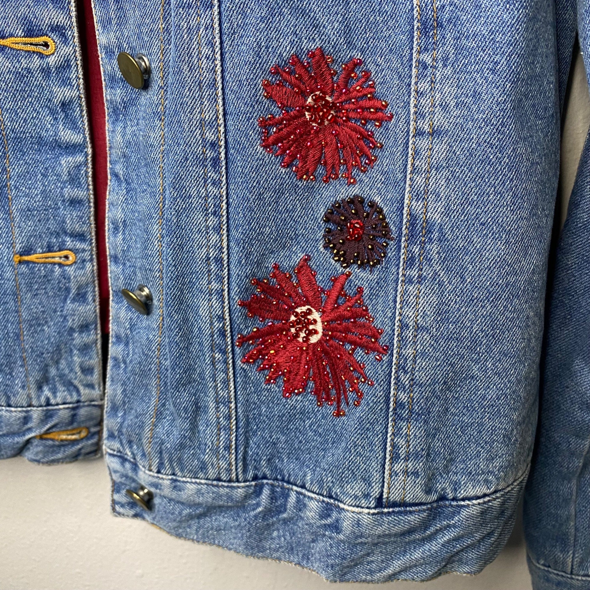 Vintage Central Falls Embroidered Beaded Flowers Denim Blue Jean 