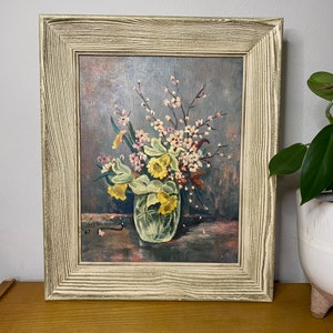 Vintage Original Floral Still Life Oil Painting 1960s Signed Art in Wood Frame