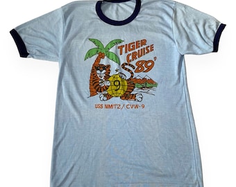 Rare Vintage Tiger Cruise '89 USS Nimitz / CVW-9 US Navy Blue Ringer T-Shirt
