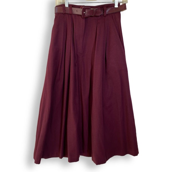 Vintage Westbound Women's Belted Burgundy High Waisted A-Line Midi Skirt - Size 8