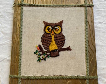 Vintage 70s Owl on Branch Crewel Embroidery on Wood Wall Hanging Decor