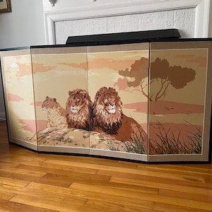 Rare Vintage Mid Century Lions 4 Panel Silk Screen Painting MCM Wall Hanging Art Japanese Byobu