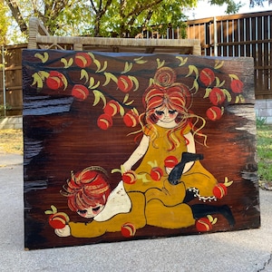 Vintage 60s Jan McPherson Original Girl & Boy Mod Folk Art Painting on Wood Signed 31x24