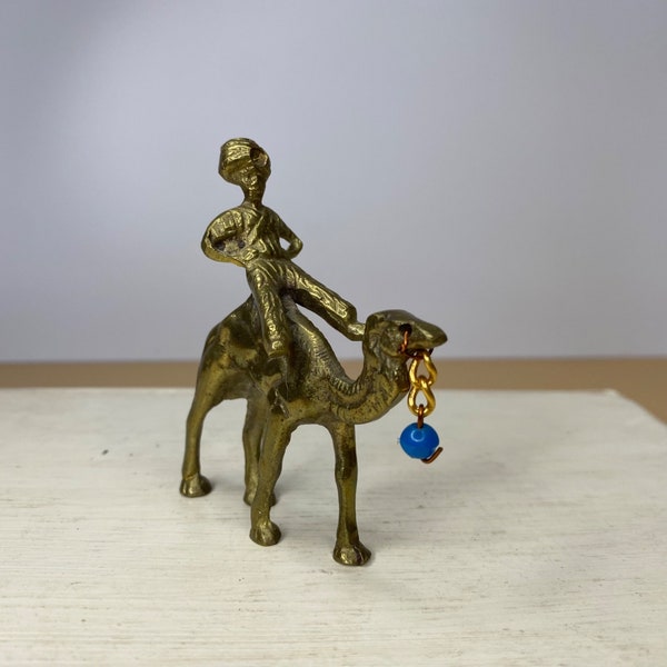 Vintage Brass Camel Rider w/ Beaded Chain Bridle Small Figurine