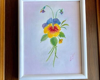 ヴィンテージフローラルパンジーオリジナル絵画 サイン入り額入り