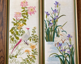 Vintage Birds & Flowers Framed Crewel Embroidery Pair - Pheasant Egret Iris Chrysanthemum Wall Art
