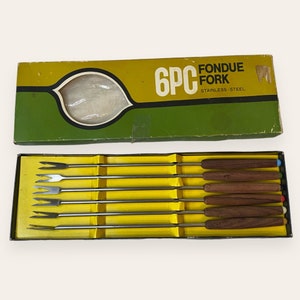Vintage Fondue Gabel Set - 6 Stück MCM Edelstahl + Bunte Holzgriffe - In Box