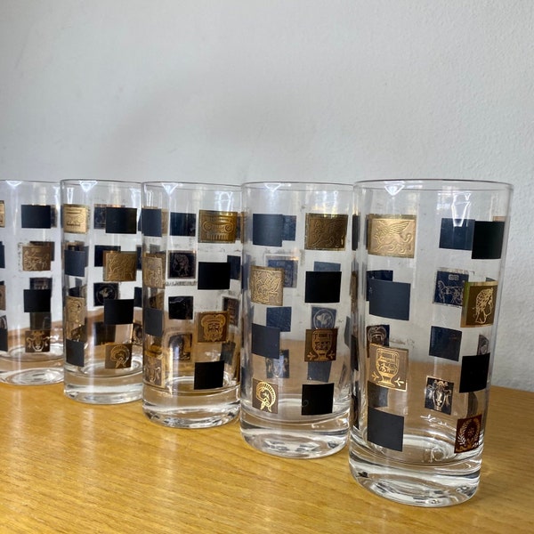 Vintage MCM Cera Cora Black & Gold Greek Squares Verres à whisky - Lot de 5 - Barware du milieu du siècle