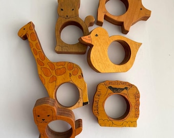 Anillos para servilletas de madera con forma de animales, estilo vintage de los años 70 ~ Juego de 6