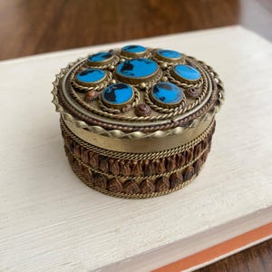 Vintage Brass & Copper Ornate Tibetan Trinket Box w/ Inlaid Turquoise Color Stones