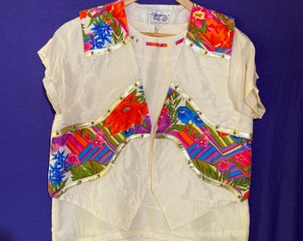 Vintage 80s Clipper Bay Colorful Floral Silk Shirt + Vest 2-Piece Set - Medium