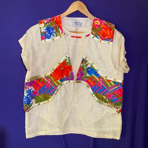 Vintage 80s Clipper Bay Colorful Floral Silk Shir… - image 1