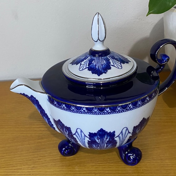 Vintage Bombay Co Blue White Porcelain Rosette Tea Pot, Creamer
