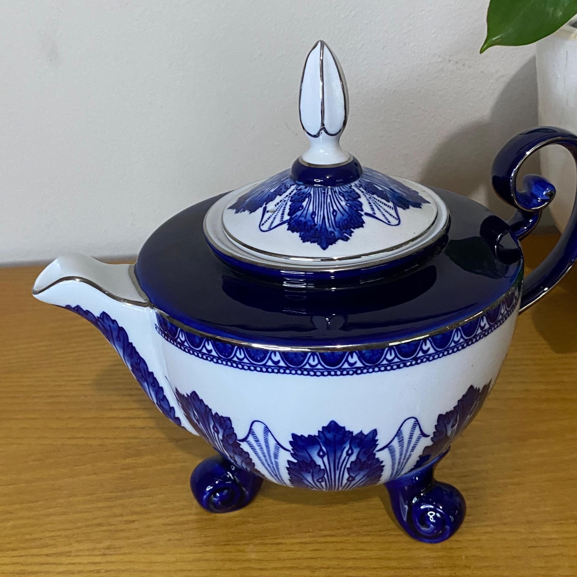 Vintage Bombay Co Blue White Porcelain Rosette Tea Pot, Creamer