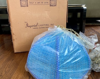 RARE Vintage Blue Wicker Rattan Atomic Swag Lamp Imperial Lighting Hanging Pendant Light - NEW in Original Box!