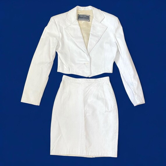 Vintage Michael Hoban North Beach Leather White 2 Piece Blazer Jacket Skirt Set | 1980s