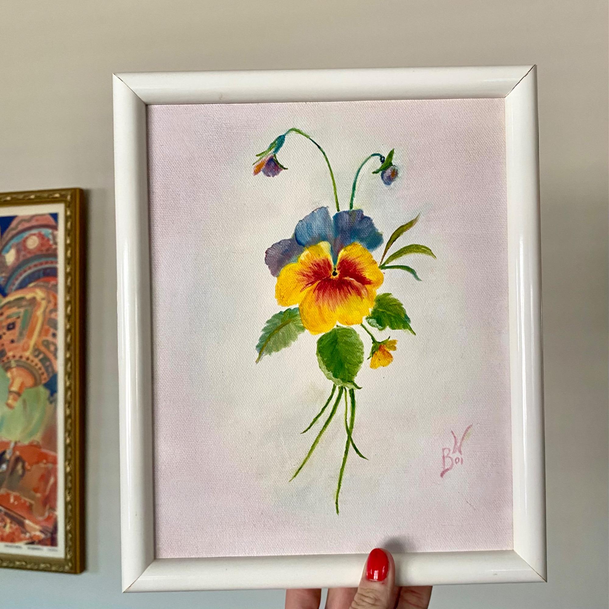 ヴィンテージフローラルパンジーオリジナル絵画 サイン入り額入り