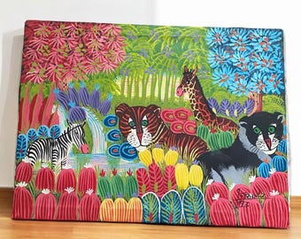 Vintage Original J Frantz Colorful Jangle Animal Scene Painting