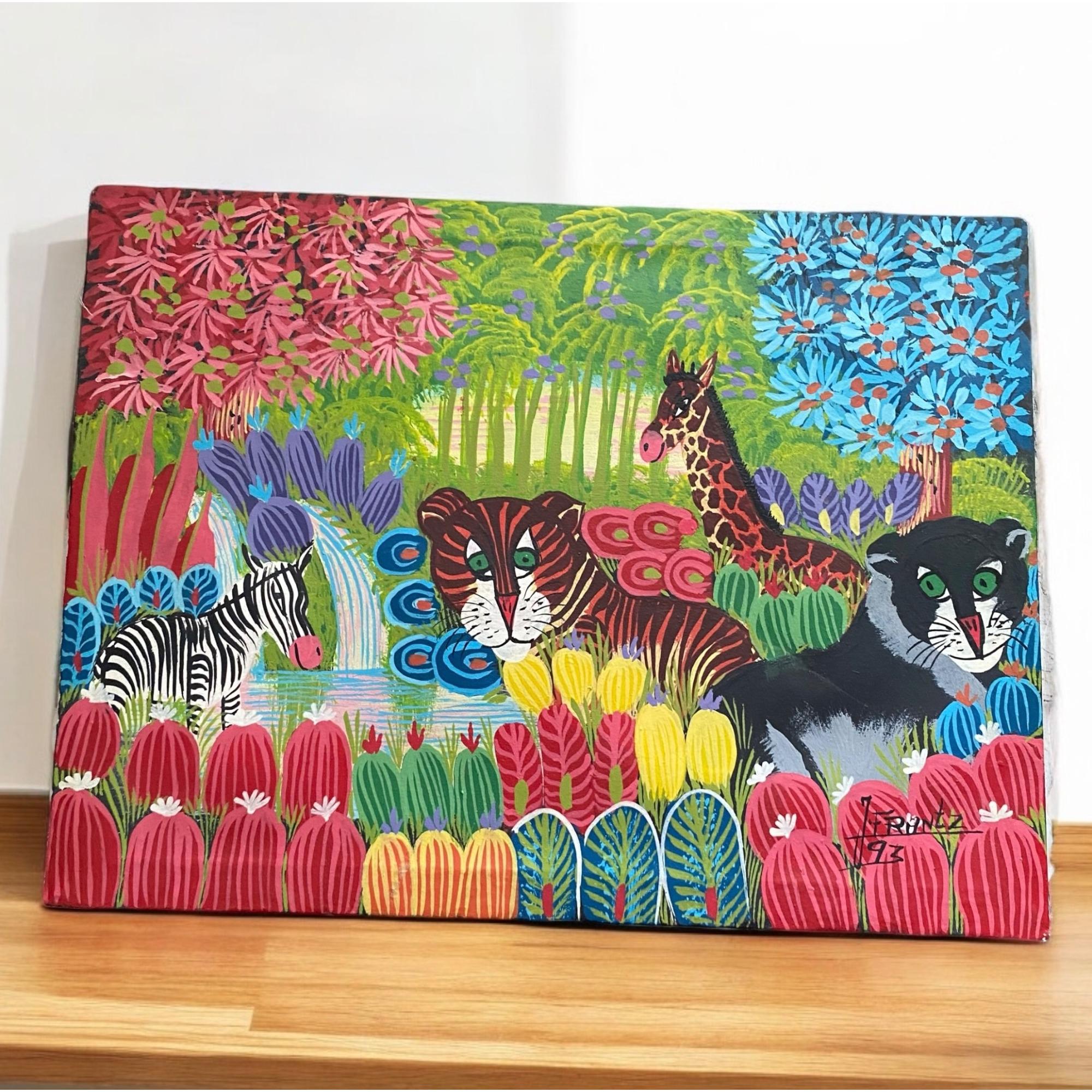 Vintage Original J Frantz Colorful Jangle Animal Scene Painting