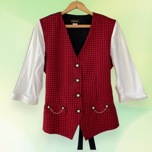 Vintage REINA Blusa de chaleco a cuadros rojo y negro con botones y cadena para mujer
