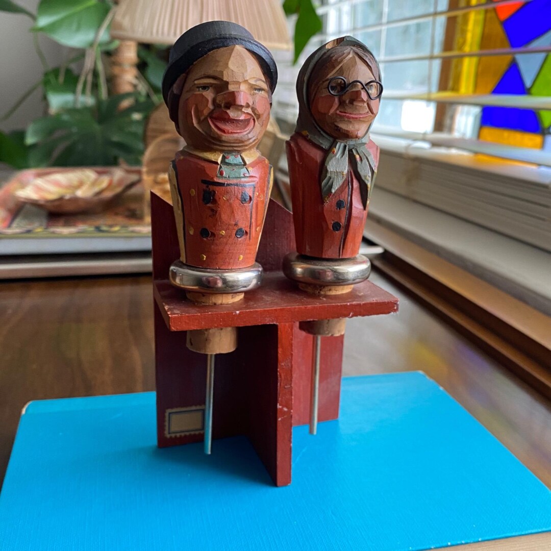Vintage Anri Italy Carved Wood Man & Woman Cork Wine Stopper Pourer Set ...