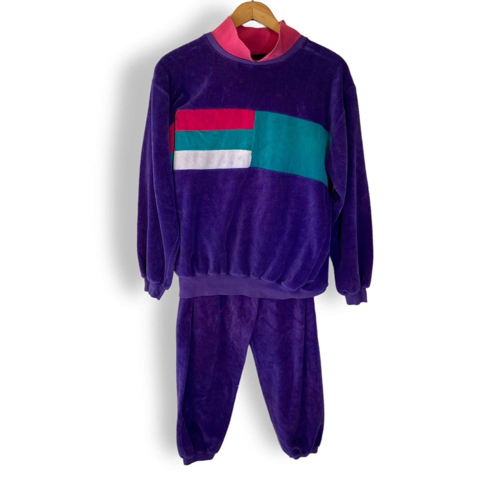 Vintage SK Sport Retro Velour Purple Pink Colorblock 2 Piece
