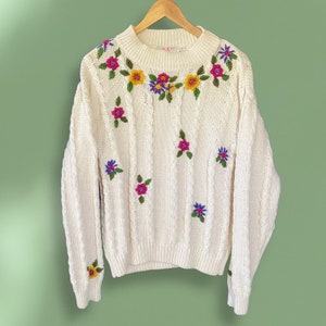 Vintage 80s American Weekend Women's Knit Sweater w/ Colorful Flowers - Medium