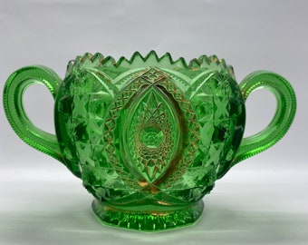 Antique Northwood Glass Memphis Doll's Eye Emerald Green Gold Vintage Condiment Bowl Dish