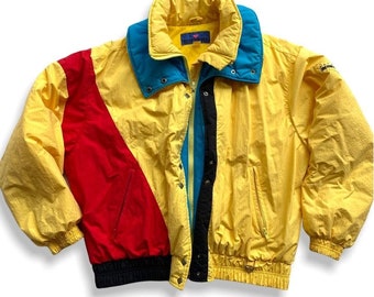 Vintage Obermeyer Sport Women&#39;s Diamond Color Block Yellow Nylon Ski Jacket - 12